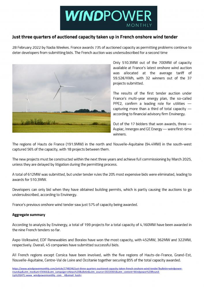 3/4 of auctioned capacity taken up in French onshore wind tender - WindPower Monthly